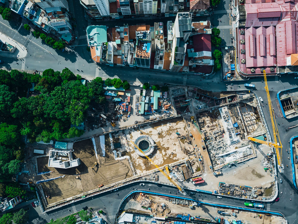 Top View Drone Photo of the Construction of the Main Station of Saigon Metro next to Ben Thanh Market in District 1 in Ho Chi Minh City, Vietnam