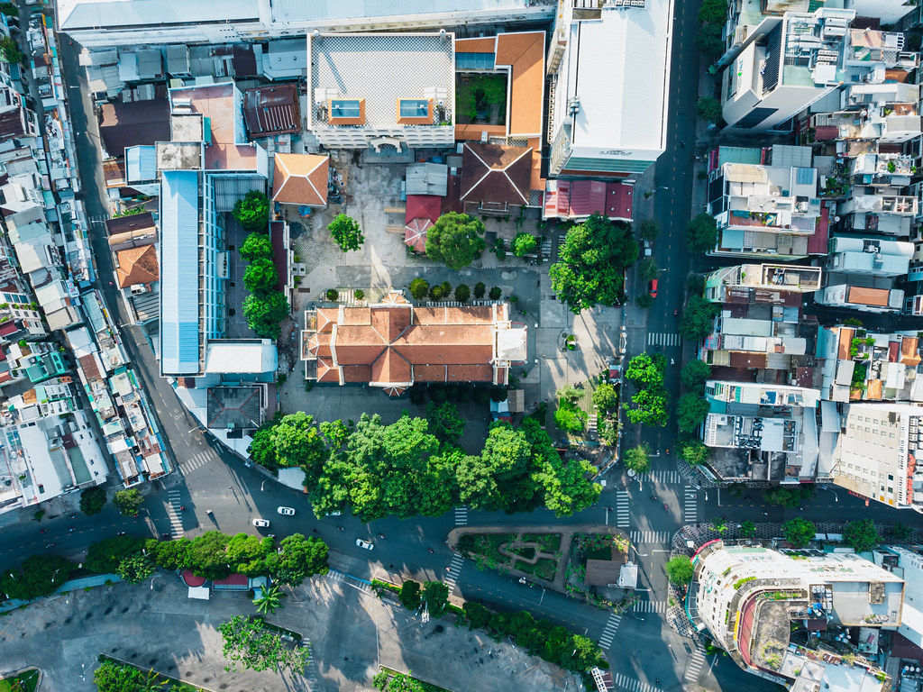 Top View Drone Shot of Huynh Si Church on the corner of Cong Quynh and Le Lai Street in District 1 in Saigon, Vietnam