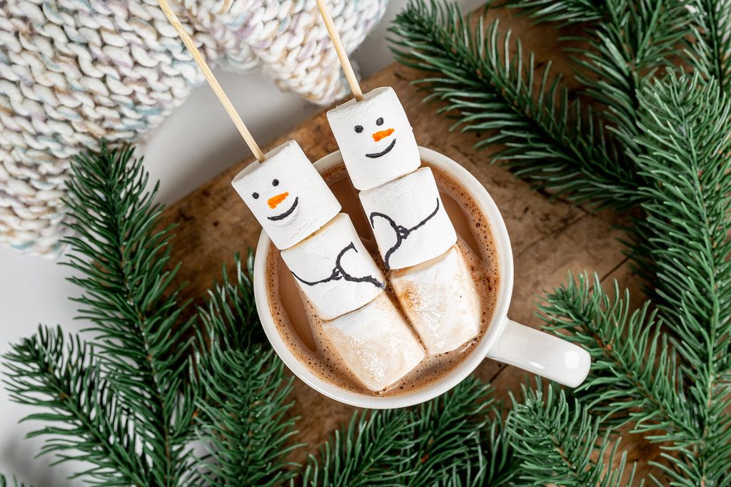 Top view, marshmallow snowmen in a cup of cocoa with branches of a christmas tree