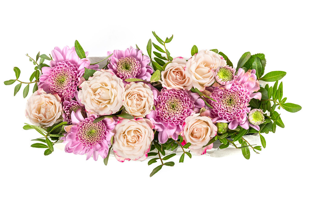 Top view of fresh pink and purple flowers on white background
