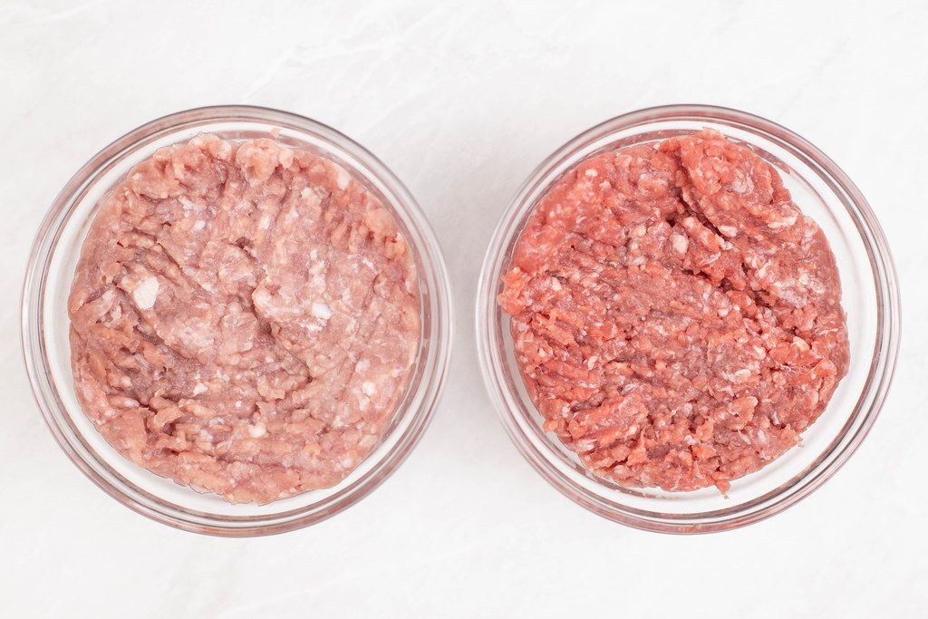 Top view of Minced Beef and Pork meat in the bowls