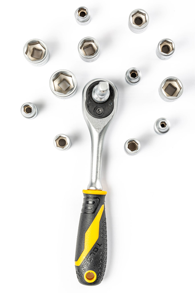 Top view, ratchet wrench and socket set