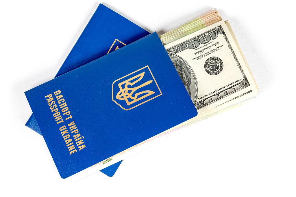 Two passports with dollars on a white background