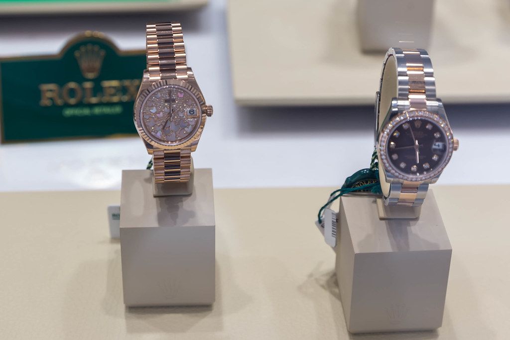 Two Rolex watches in a shop window in Santorini, Greece