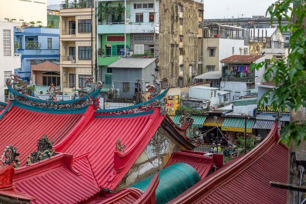 View of Nguyen Trai Street and Old Residential Buildings in District 5 from Ba Thien Hau Pagoda in Ho Chi Minh City, Vietnam