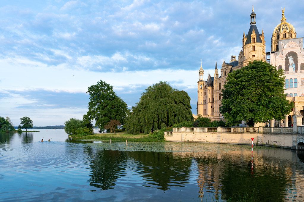 View of Schwerin castle surroundings with lake in the front of it