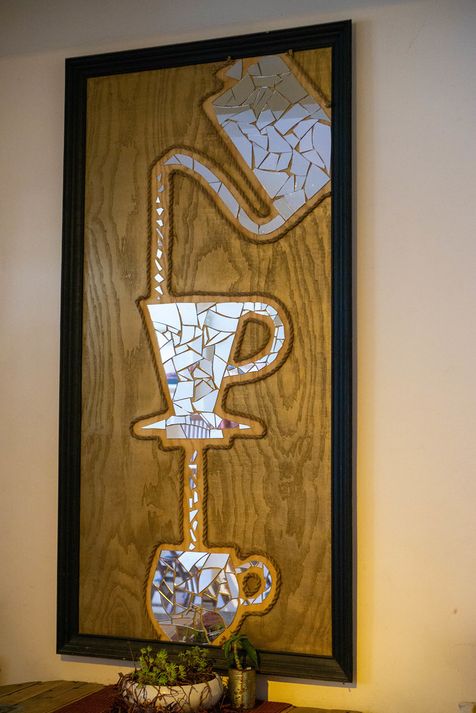 Wall Art Picture with Coffee Mug, Filter and Hot Water Jug in Mirror Pieces on a Wooden Board