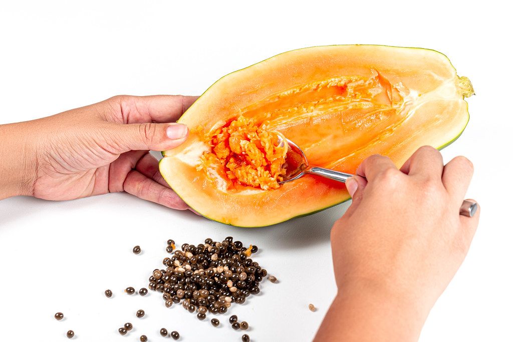 Woman's hands take out poisonous seeds from papaya on a white background
