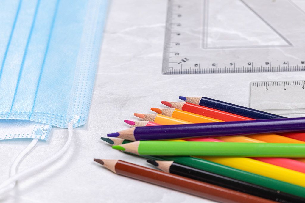 Wooden Colorful pencils with Rulers and surgical masks for virus protection