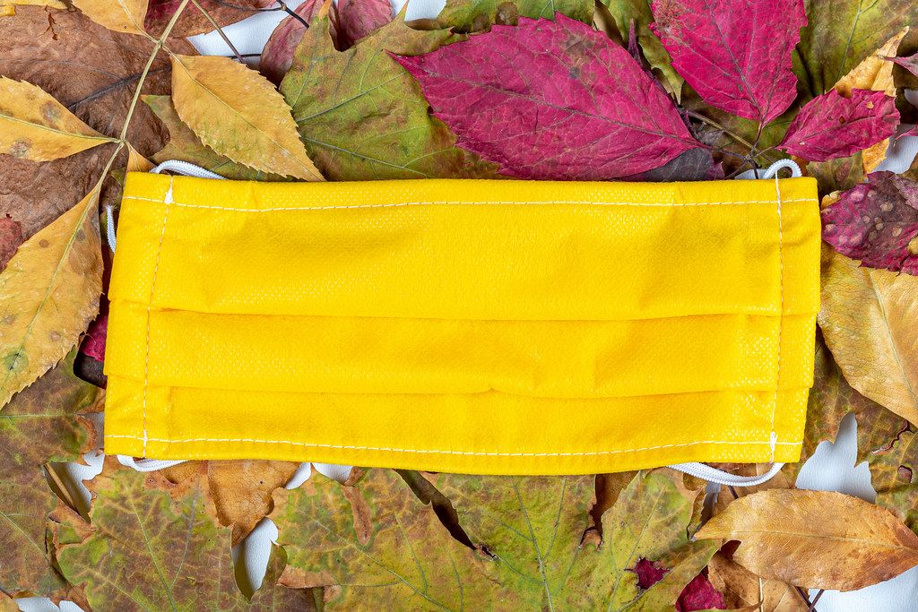 Yellow medical mask on multicolored autumn leaves