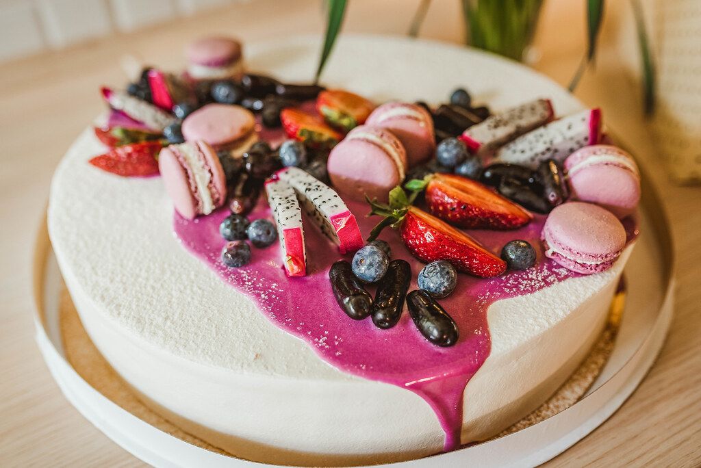 Yogurth Cake With Berries, Jelly Beans, Papaya, Macaroons