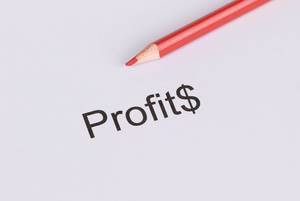 "Profit" Text mit Dollarzeichen und rotem Stift auf weißem Hintergrund