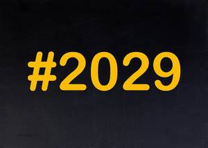 2029 mit Hashtag auf einer schwarzen Tafel geschrieben