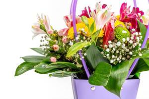 A bouquet of multicolored flowers on a white background