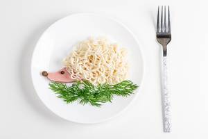 A dish for a child. Edible hedgehog made of pasta and sausage with dill on a white background. View from above