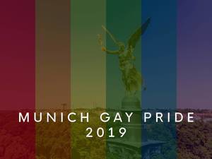 A landmark of Munich, behind rainbow colors and the title Munich Gay Pride 2019