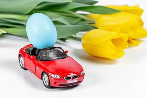 A red car with a blue Easter egg on a white background and a bouquet of yellow tulips (Flip 2020)