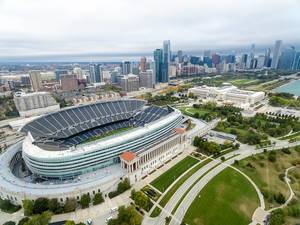 Aerial Drone Photo of Soldier Field, Museum Campus, The Field Museum and the Skyline of Chicago