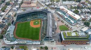 Aerial Drone Shot of Wrigley Field in Chicago, Illinois