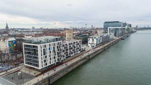 Aerial of Office Buildings and flats in Cologne (Rheinauhafen)