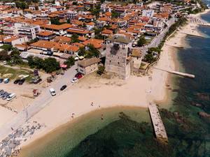 Aerial photo of Tower of Prosfori in Ouranoupoli, Greece