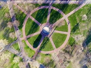 Aerial Photography of Parkman Bandstand at Boston Common green grass and shadows of the trees