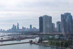 Aerial picture of Chicagos skyline and port of Lake Michigan