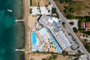 Aerial picture of the greek hotel Nikki Beach Resort & Spa in the summer vacation resort Porto Heli at the green sea of Argolic Gulf