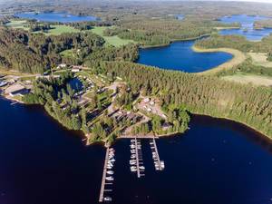 Aerial view of Finlands lakes with the luxury yacht harbour of Padasjoki and forest area around Paijänne