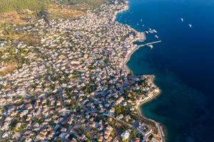 Aerial view of mediterranean houses on the Greek Island of Spetses, 2.5 kilometres off the Argolis coast
