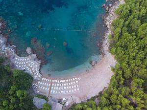 Aerial view of Sutomore Beach with sunbeds