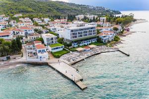 Aerial view of the shore of Spetses, Greece, with an hotel, aristocratic houses and Kaiki Beach at the green sea