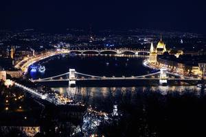 Aerial view over Budapest bridges, night view
