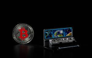 Aerospace control center and silver Bitcoin on black background
