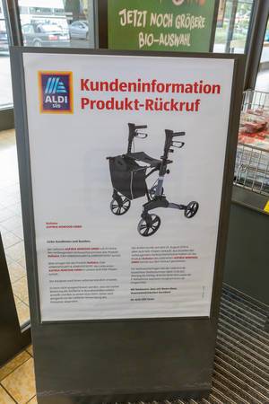 Aldi South information board for customer information about a product recall of the Aspiria wheeled walker rollator