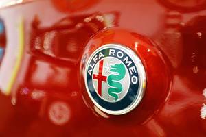Alfa Romeo Stelvio, close-up view of logo
