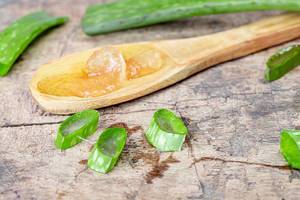 Aloe pulp in a wooden spoon and fresh leaves. The concept of Spa, medicinal plant (Flip 2020)