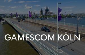 Anfahrt zur Gamescom in Köln wird von Flaggen der Spielemesse begleitet, mit dem Dom im Hintergrund
