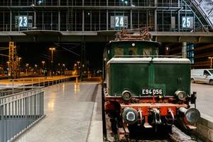 Antique German Reichsbahn green cargo locomotive front view