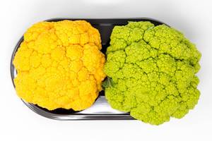 Arieal picture of green and yellow mini cauliflower from spain by Jimbo Fresh
