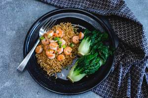 Asian Shrimps with rice and Bok choy top view  (Flip 2019)