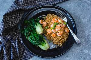 Asian Shrimps with rice and Bok choy top view