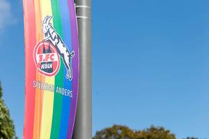 Athletes against homophobia: German soccer team 1. FC Köln celebrates  Diverstity Day with flags in rainbow colours and text "Spürbar anders"