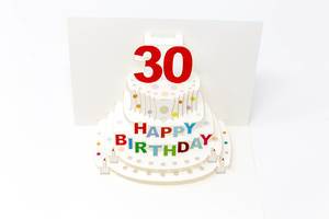 Aufklappbare Geburtstagskarte mit einer Papiertorte zum 30. Geburtstag