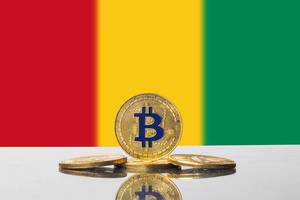 Aufrechtstehender goldener Bitcoin eingefasst von der dreifarbigen Flagge des Landes Guinea