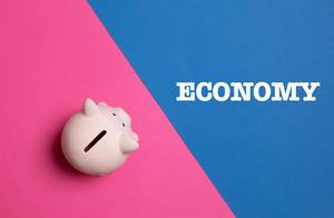 Auschfrift "Economy" - Wirtschaft - neben einem rosa Sparschwein, auf blau-pinke Hintergrund