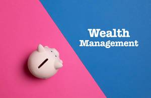 Auschfrift "Wealth Management" - Vermögensverwaltung - neben einem rosa Sparschwein, auf blau-pinke Hintergrund