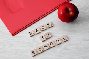 Back to School letters with a Book and a Apple