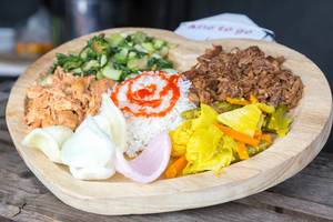 Bali Teller: Reis, Gemüse in Curry-Sauce, Mangold und zwei Fleischsorten