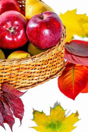 Basket with apples and autumn leaves